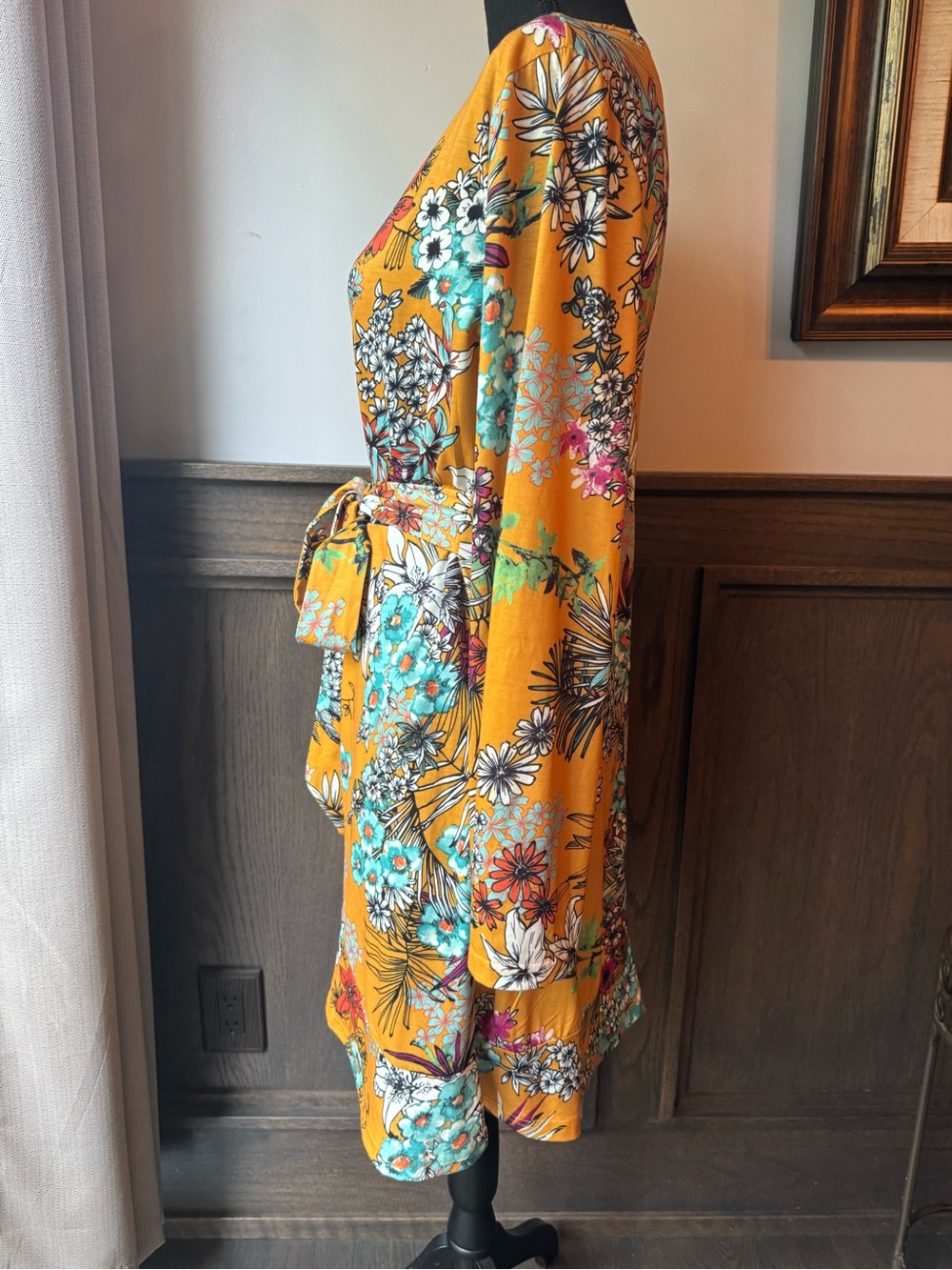 Club L London Mustard Floral Tie-Waist Long Sleeve Dress 14 EUC - Picture 4 of 10